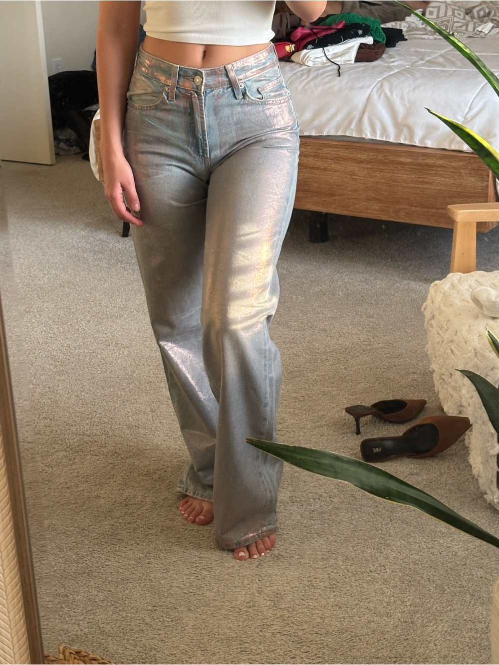 Zara Metallic Iridescent Silver High-Rise Wide-Leg Jeans